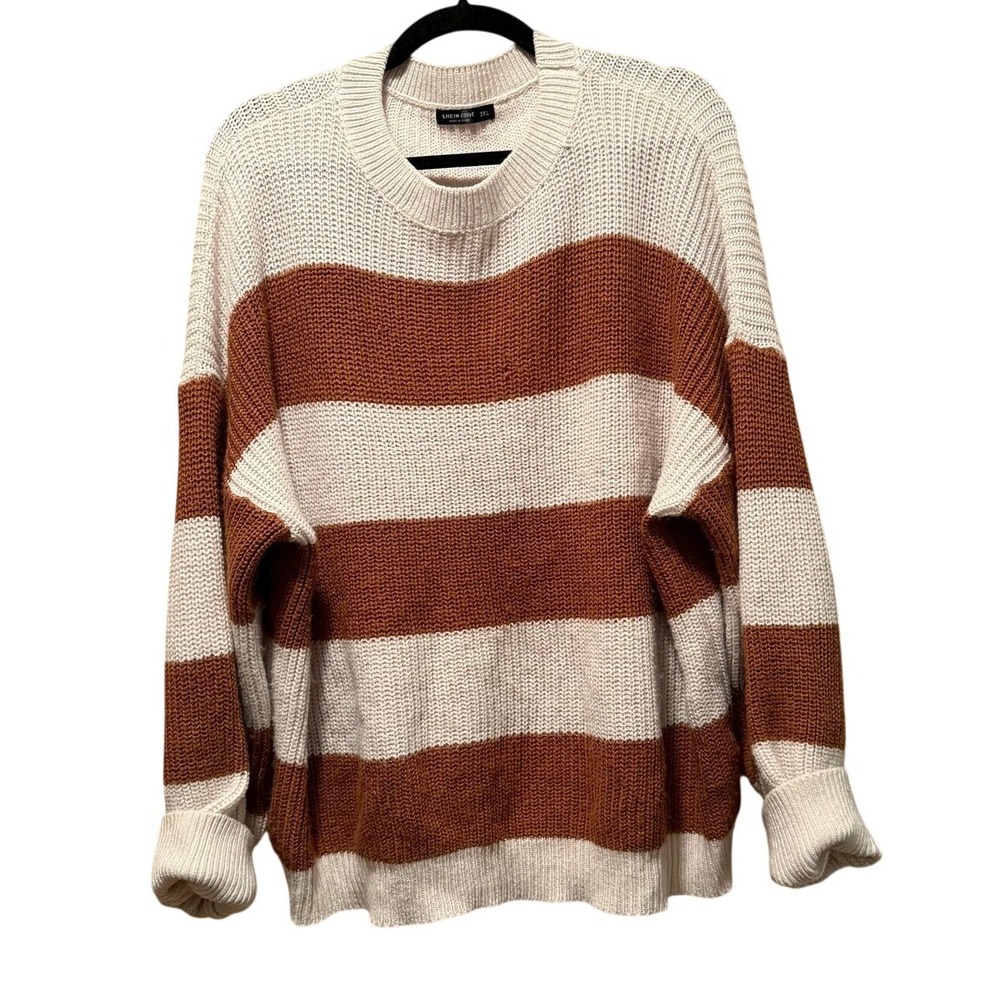 SHEIN‎ Curve Brown Cream Striped Knit Sweater Plus 3XL Soft Pullover
